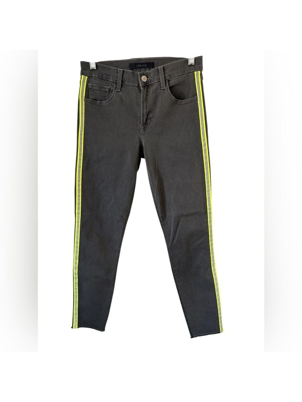 J Brand Gray Skinny Jeans Neon Yellow Side Stripe Racer Style Size 27